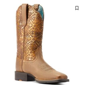 Ariat Round Up Wide Square Toe Boots In Bare Brown/Copper Blanket Emboss 9 NWT